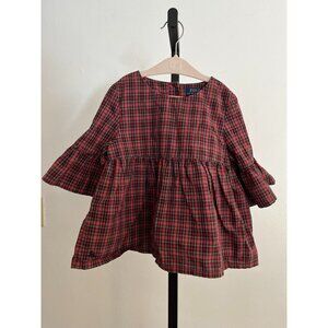 EUC Polo Ralph Lauren Red Plaid Baby Doll Top w/Bell Sleeves Girls